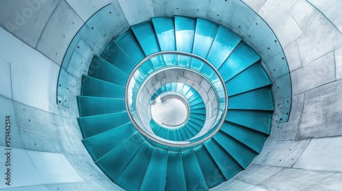 Spiral staircase inside a modern cylindrical building with glass floors