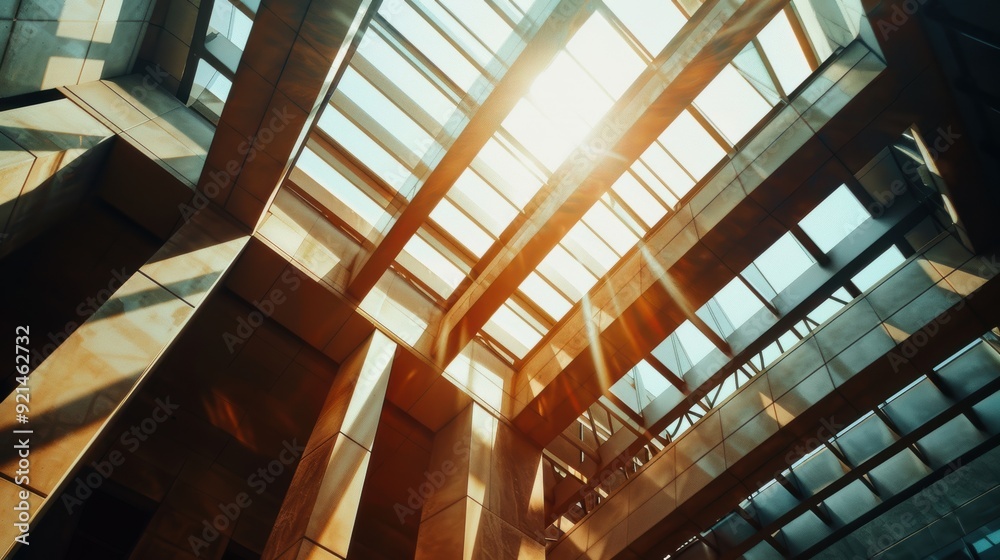 Obraz premium Sunlight filters through glass roof of modern office building, illuminating sleek interior with play of light and shadow