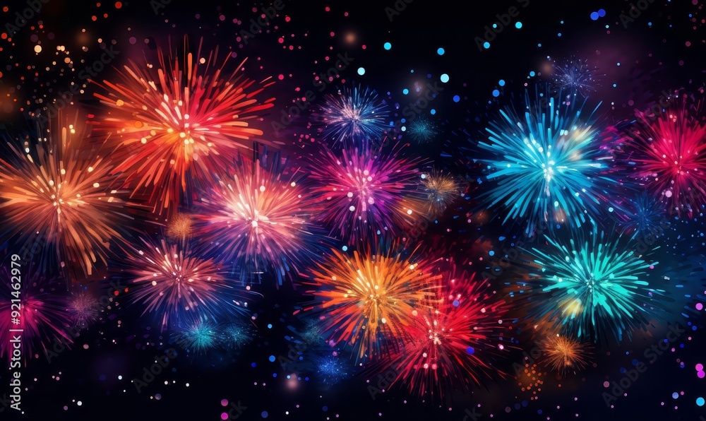 Fototapeta premium Colorful fireworks display flat design, top view, celebration night, animation, Complementary Color Scheme