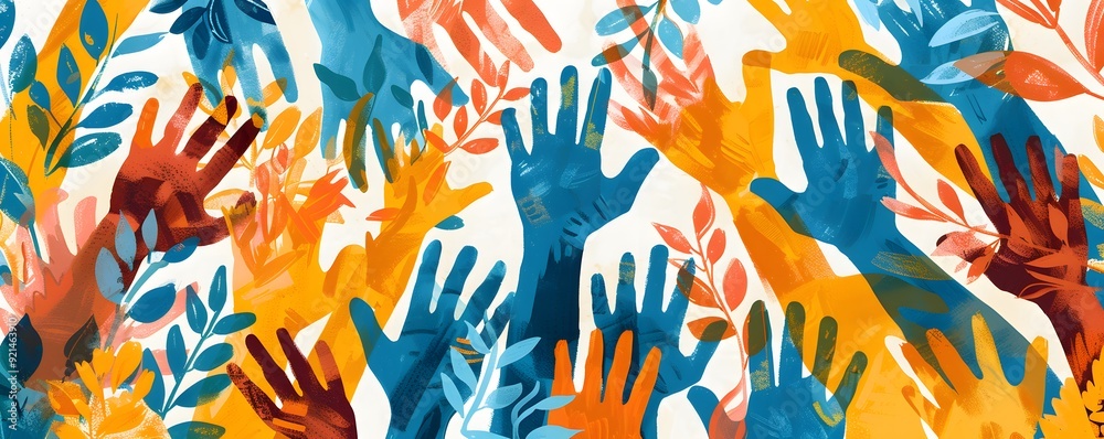 Abstract Painting of Hands and Leaves in Warm and Cool Colors