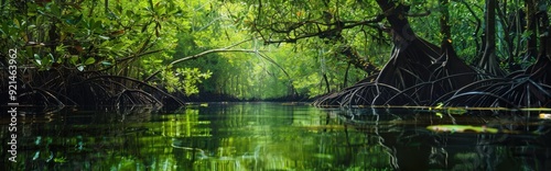 Lush Green Mangrove Forest with Water Reflection