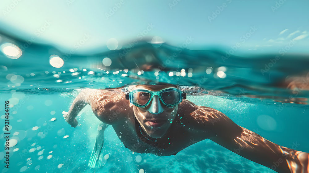 Naklejka premium Man swimmer swimming crawl in blue ocean open water. Portrait of an athletic young male 