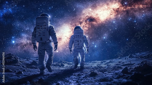 Astronauts walking on the lunar surface, space suit, Hyper-realistic photo, shot with Sony A7Rv, cinematic, Photo with copy space. 