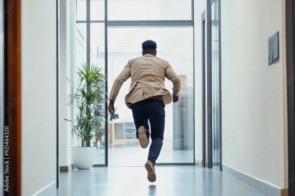 A Man rushing into the office door being late running to work. A Man rushing into the office door being late running to work.