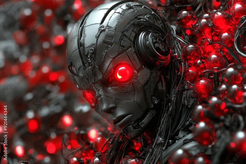 Fototapeta premium Robotic skull with red capsules embedded symbolizing the integration of technology and pharmaceuticals in a high tech future