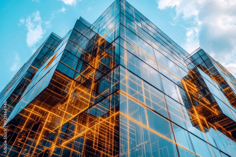 Fototapeta premium Modern Glass Building with Futuristic Illuminated Design