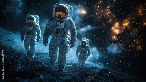 Astronauts walking on the lunar surface, space suit, Hyper-realistic photo, shot with Sony A7Rv, cinematic, Photo with copy space. 