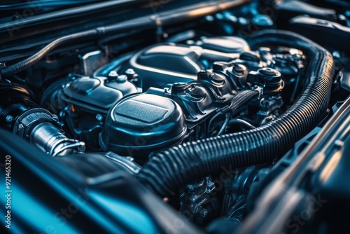 Close-up of Car Engine with Modern Engineering photo