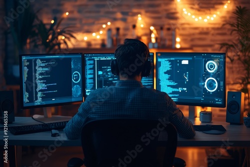 Programmer Working at Multi-Screen Setup in Dimly Lit Room photo