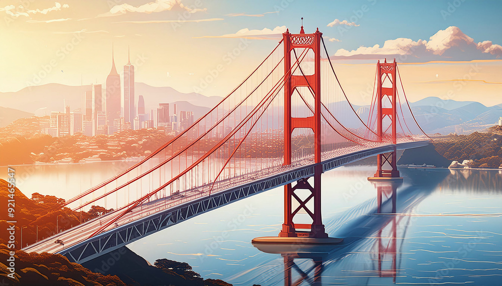 Fototapeta premium Vibrant cityscape with iconic Golden Gate Bridge at sunset