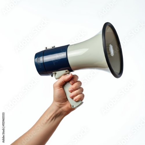 megaphone, held in hand, close-up, white background, communication, announcement, black and silver megaphone, minimalistic, simplicity, isolated object