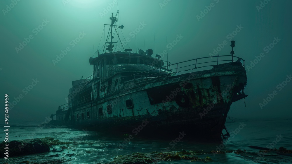 A ghostly shipwreck in fog, evoking mystery and decay. A ghostly shipwreck in fog, evoking mystery and decay.