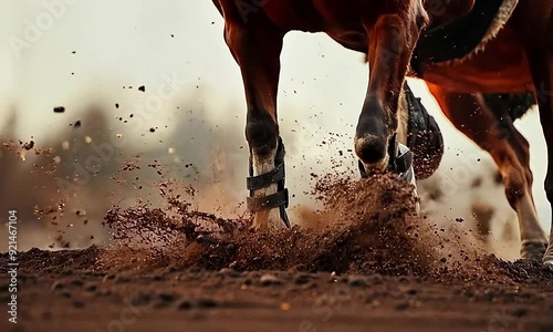 a horse running across a field, its hooves kicking up mud and dirt
