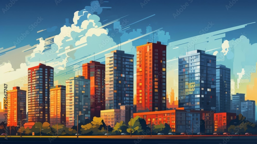 Obraz premium Highrise apartment buildings flat design, side view, metropolitan living, animation, Splitcomplementary color scheme