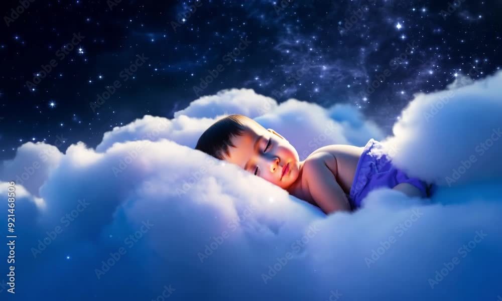 a child is sleeping quietly with his eyes closed on a soft cloud with a background of twinkling stars