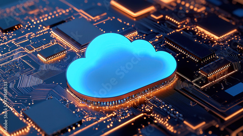 3D rendering of blue cloud icon on circuit board with chip and micro belts