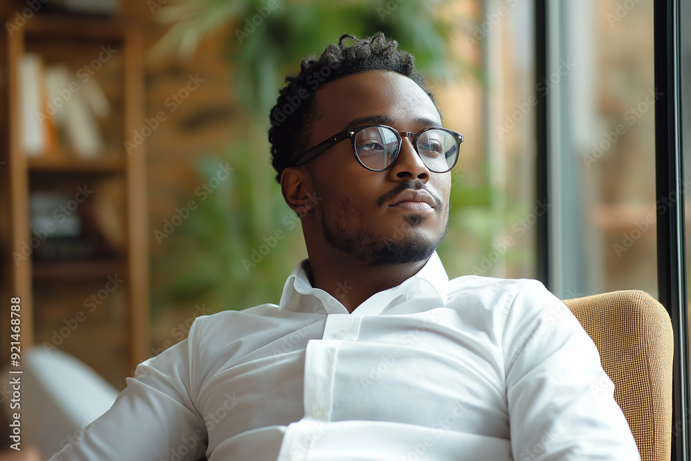 Men Confident Serious Focused Stylish Rich Black Man Sitting In A Chair At Home Looking Away Through Window Dreaming Thinking Of Succes. Men Confident Serious Focused Stylish Rich Black Man Sitting In A Chair At Home Looking Away Through Window Dreaming Thinking Of Succes.
