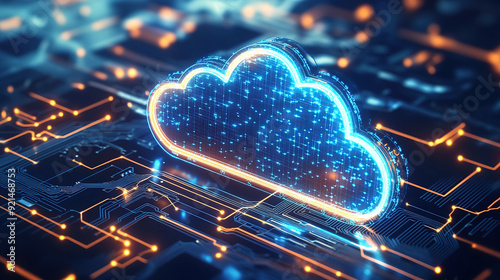 Digital technology cloud concept with glowing light particles and blue sky background