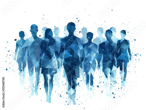 Abstract blue digital silhouettes of a diverse group of people walking forward in unity on a white background