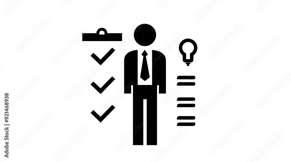 Black and white icon of a businessman with checklist and light bulb, representing organization, planning, and idea generation. Black and white icon of a businessman with checklist and light bulb, representing organization, planning, and idea generation.