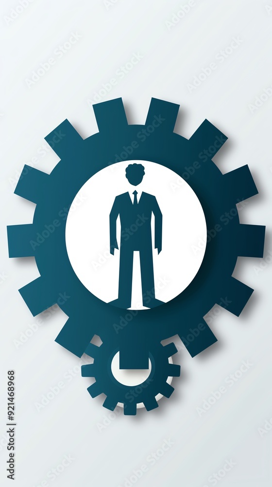 Silhouette of a businessman inside a large gear symbolizing business and industry. Concept of teamwork and productivity. Silhouette of a businessman inside a large gear symbolizing business and industry. Concept of teamwork and productivity.