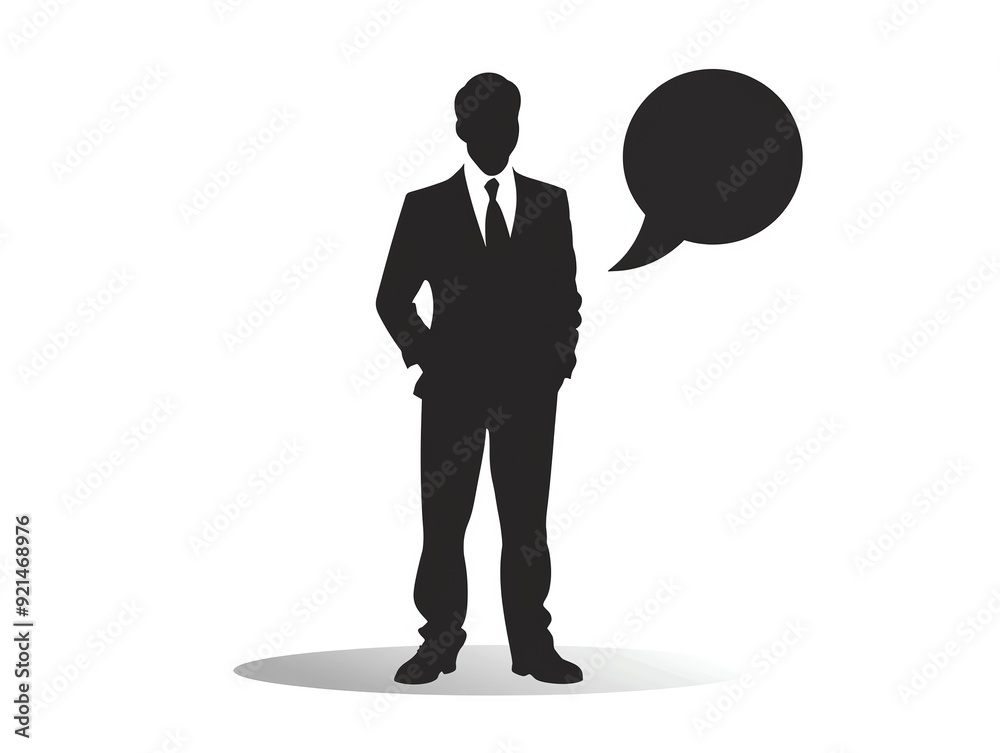 Silhouette of a businessman in a suit with a speech bubble, ideal for communication or corporate concept illustrations. Silhouette of a businessman in a suit with a speech bubble, ideal for communication or corporate concept illustrations.