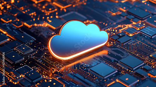 3D rendering of blue cloud icon on circuit board with chip and micro belts