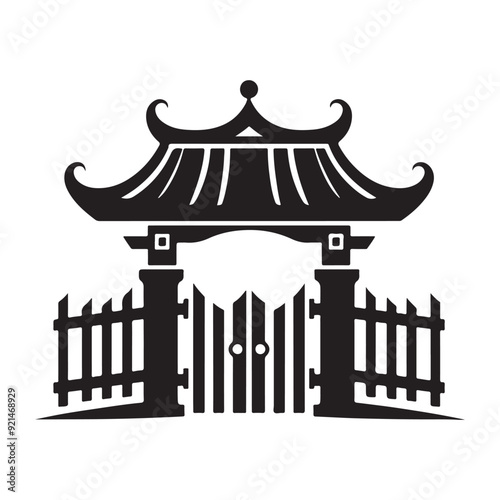 Chinese gate, Gate vector icon, silhouette, Iron Gate & fence, Metal gate