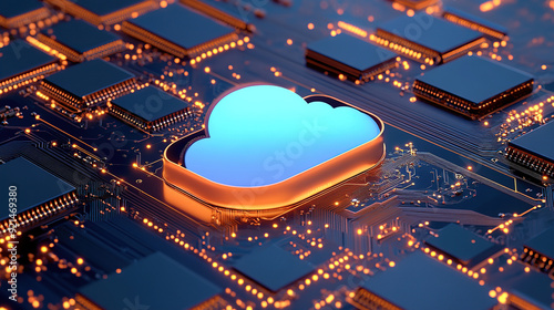 3D rendering of blue cloud icon on circuit board with chip and micro belts