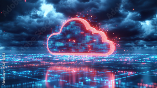 Digital technology cloud concept with glowing light particles and blue sky background