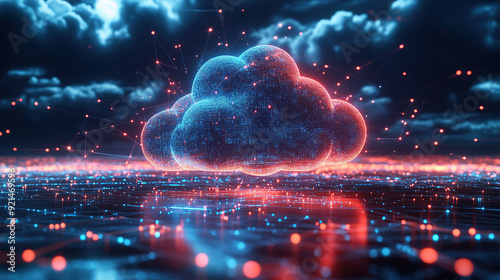 Digital technology cloud concept with glowing light particles and blue sky background