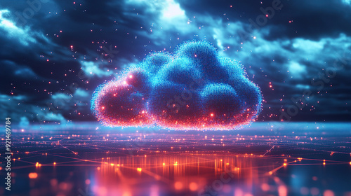 Digital technology cloud concept with glowing light particles and blue sky background