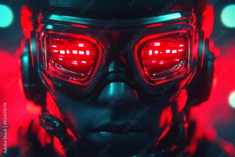 Red glowing robotic eyes in a dark setting exuding a mysterious and intense vibe Red glowing robotic eyes in a dark setting exuding a mysterious and intense vibe