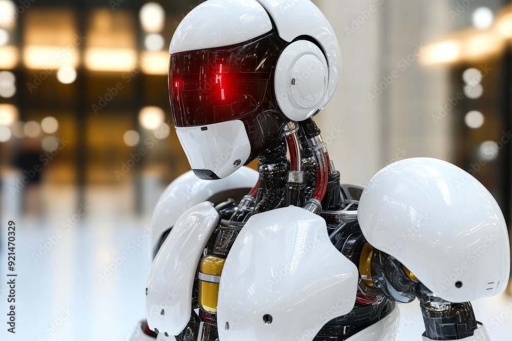 Cybernetic face with intense red eyes conveying deep emotion and artificial intelligence