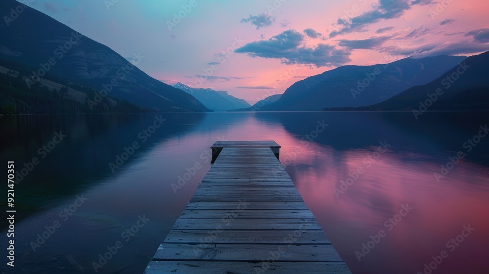 Obraz premium Wooden Dock Extending into Calm Lake at Sunset with Mountain Silhouette