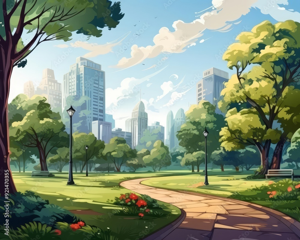 Fototapeta premium Modern urban park flat design, front view, city greenery, cartoon drawing, Complementary Color Scheme