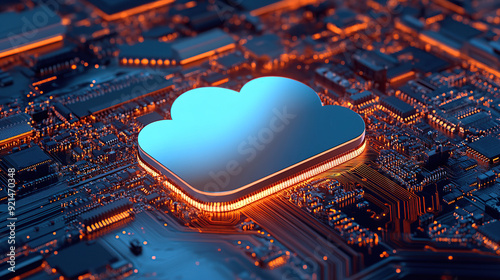 3D rendering of blue cloud icon on circuit board with chip and micro belts