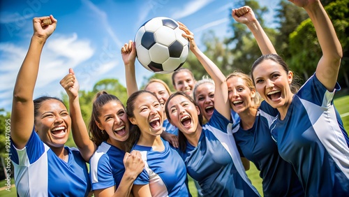  Happy female soccer team cheering with ball stock photo photo