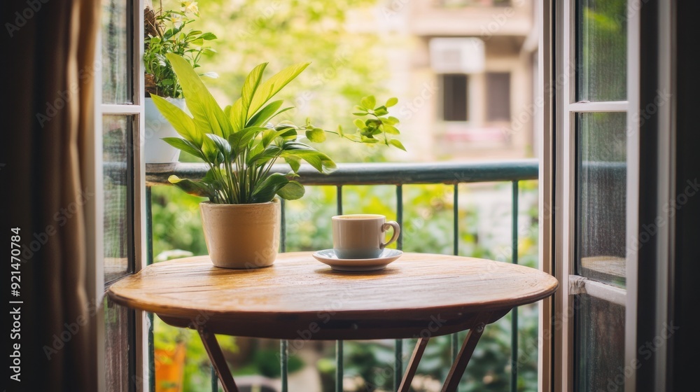 Fototapeta premium A cup of coffee on a wooden table with a plant, seen from a window.