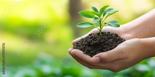 Hands Holding a Sprouting Plant in Soil with Blurred Garden Background