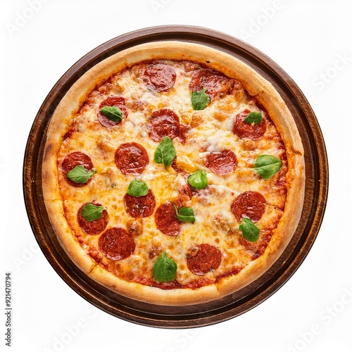 Pepperoni pizza with fresh basil on a white background