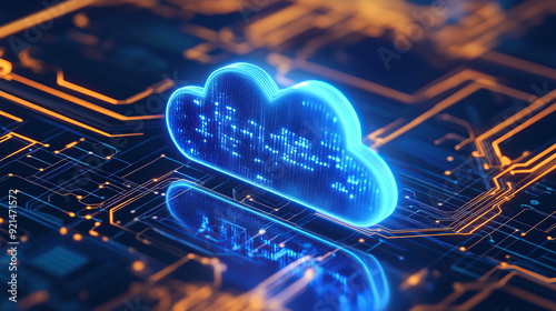 Digital technology cloud concept with glowing light particles and blue sky background