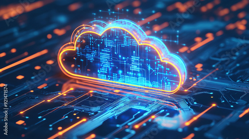 Digital technology cloud concept with glowing light particles and blue sky background