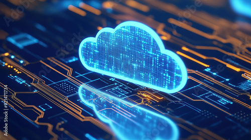 Digital technology cloud concept with glowing light particles and blue sky background