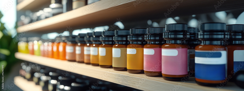 A shelf full of colorful pills and candy.