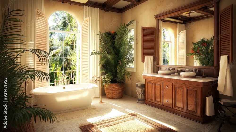 Luxurious bathroom with white tub, wooden cabinets, and tropical plants, featuring a large window with shutters and a mirror reflecting a tropical view. Luxurious bathroom with white tub, wooden cabinets, and tropical plants, featuring a large window with shutters and a mirror reflecting a tropical view.