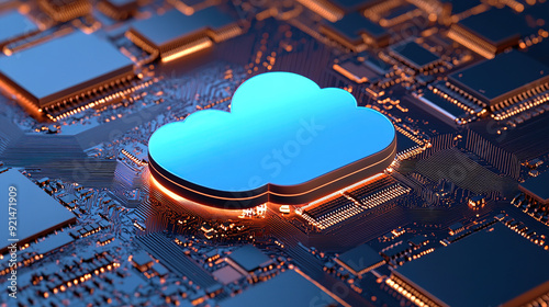 3D rendering of blue cloud icon on circuit board with chip and micro belts