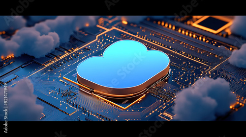 3D rendering of blue cloud icon on circuit board with chip and micro belts