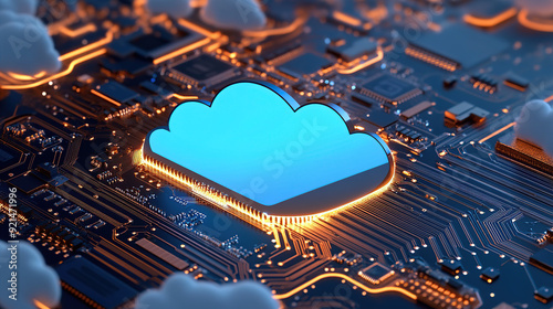 3D rendering of blue cloud icon on circuit board with chip and micro belts