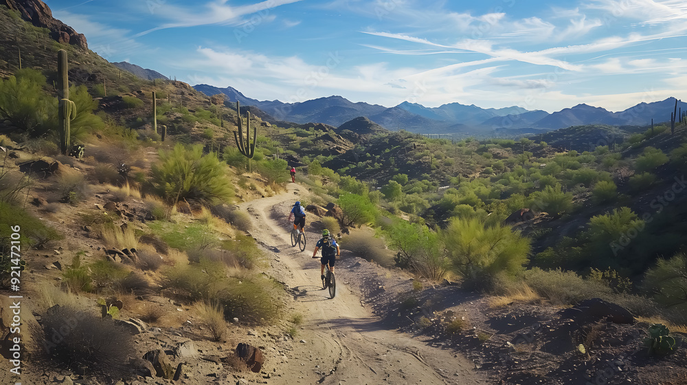 Bikers on Desert Trail: Mountain bikers heading up a desert trail.